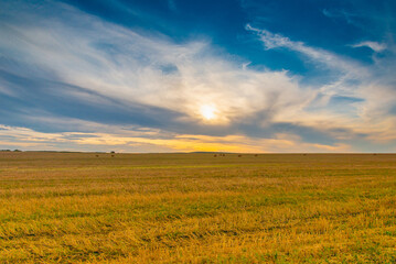 Field and clouds through which the sun breaks through at sunset.