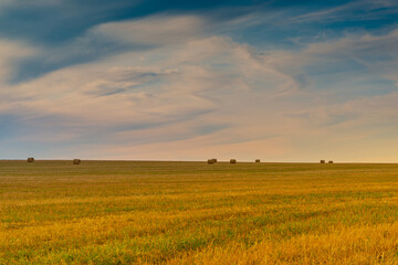 Fototapeta premium Mown field, sky and haystack.