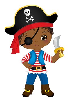 Cute Little African American Pirate Wearing Eye Patch and Hat with Skull. Vector Pirate