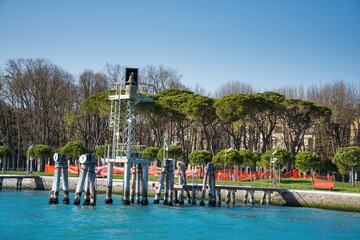 Fototapeta premium Wooden bricole ,wooden mooring poles in the water, Venice, Italy,2019