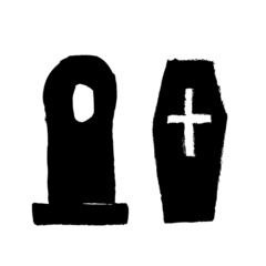 Vector images of coffins and gravestones for Halloween. Black on a white background. Brush strokes. Hand drawing