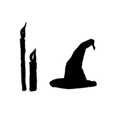 Vector images of witch hat and candles for Halloween. Black on a white background. Brush strokes. Hand drawing