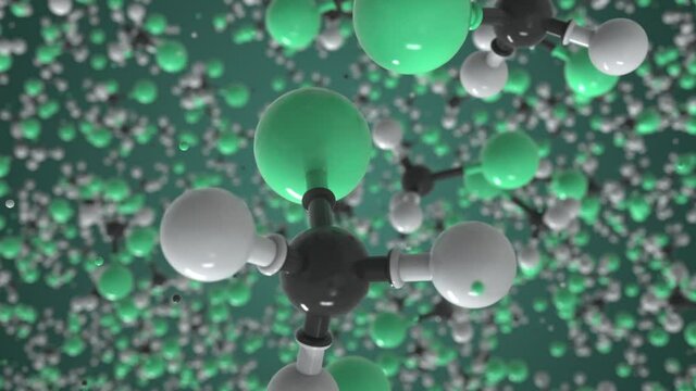Chloromethane molecule made with balls, scientific molecular model. Chemical looping 3d animation