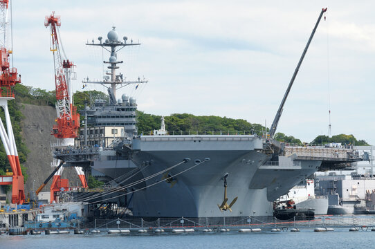 US Navy Aircraft Carrier George Washington Under Repair At Yokosuka Port In Japan.