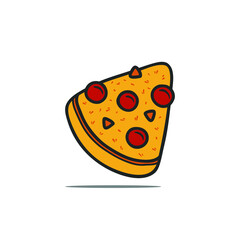 Vector illustration. Pizza slice with melted cheese and pepperoni. Cartoon sticker in comic style with contour. Decoration for greeting cards, posters, patches, prints for clothes, emblems