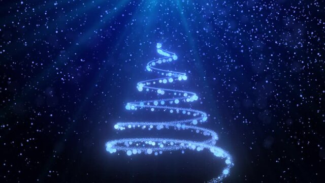 4K Loop snow falling abstract shining and sparkling christmas tree Blue background. merry christmas, Holiday, winter, New Year, snowflake, snow, festive snow flakes. Celebration Animation.