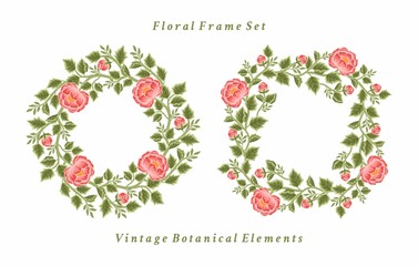 Set of aesthetic, classic, vintage red rose and peony flower frame and floral wreath vector illustration elements for invitation, decoration, feminine beauty products, garden party, greeting card
