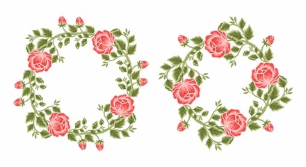 Set of aesthetic, classic, vintage red rose and peony flower frame and floral wreath vector illustration elements for invitation, decoration, feminine beauty products, garden party, greeting card
