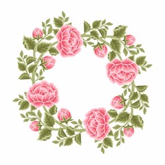Aesthetic, classic, vintage pink rose flower frame and floral wreath vector illustration elements for invitation, decoration, feminine beauty products, garden party, greeting card