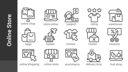 Fototapeta premium Online Store, editable outline icons set isolated on white. Perfect thin outline icon style