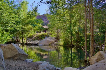 Calm River On Sunny Day Surrounded By Trees