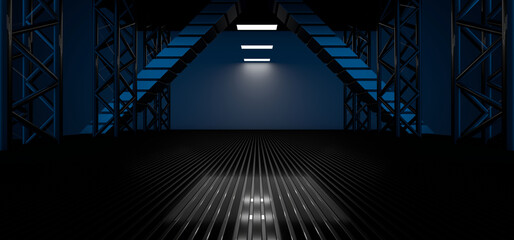 Sci Fy neon lamps in a dark hall. Reflections on the floor and walls. 3d rendering image.