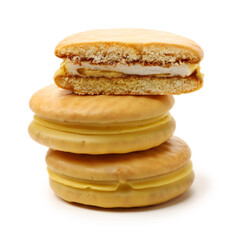 Banana filled pie on white background