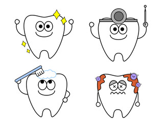 歯のかわいいキャラクターイラスト、歯みがきセット。きれいな歯、虫歯、歯科医など。