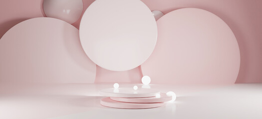 Cosmetic podium product minimal scene with platform background 3d render. Display stand for Valentine pink color mock up. stand to show beauty stage backdrop on pedestal. Simple Cylinder Sweet design