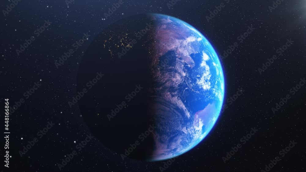 Wall mural front view of planet earth. half day and half night. rotating animation of the globe and rays of the