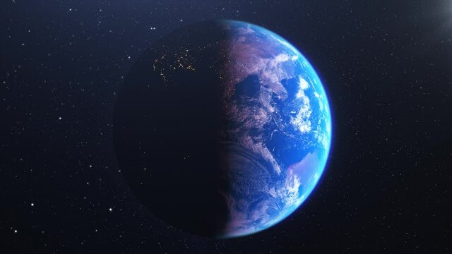 Front view of planet Earth. Half day and half night. Rotating animation of the globe and rays of the rising sun. 