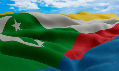 Comoros flag in the wind. Realistic and wavy fabric flag. 3D rendering.