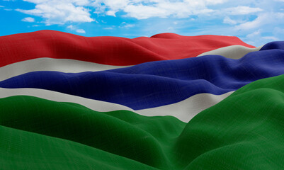 Naklejka premium Gambia flag in the wind. Realistic and wavy fabric flag. 3D rendering.