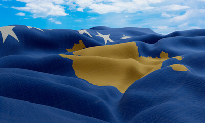 Kosovo flag in the wind. Realistic and wavy fabric flag. 3D rendering.