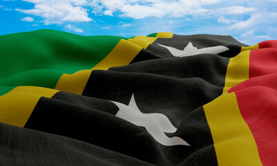 Saint Kitts and Nevis flag in the wind. Realistic and wavy fabric flag. 3D rendering.