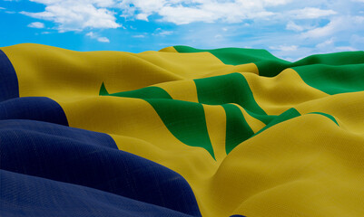 Saint Vincent and the Grenadines flag in the wind. Realistic and wavy fabric flag. 3D rendering. - obrazy, fototapety, plakaty