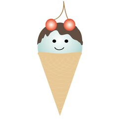 Vanilla ice cream in a waffle cone poured with chocolate, with cherries and a funny face of kawaii