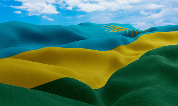 Rwanda flag in the wind. Realistic and wavy fabric flag. 3D rendering.