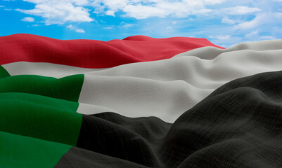 Naklejka premium Sudan flag in the wind. Realistic and wavy fabric flag. 3D rendering.