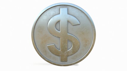 Silver coin with a dollar sign on a white background 3d-rendering