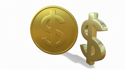 Gold coin with a dollar sign on a white background 3d-rendering