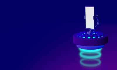 Illustration of a 3D isometric background, with a mobile phone object having a bright white screen to place your content, this laptop on top of an electromagnetic rocket.