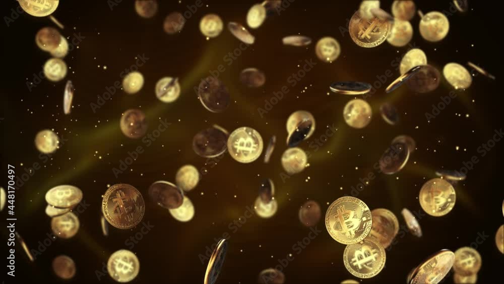 Poster golden coins bitcoin falling down green screen loop animation background. 3d 4k cryptocurrency onlin