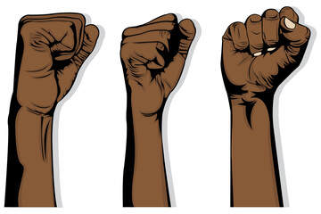 Three black hands that raise their fists up