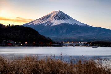 Fototapeta na wymiar Fuji Mountain in Morning Autumn at Kawaguchiko Lake, Japan