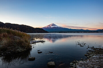 Fuji Mountain Reflection at Sunrise with Morning Mist, Kawaguchiko Lake, Japan