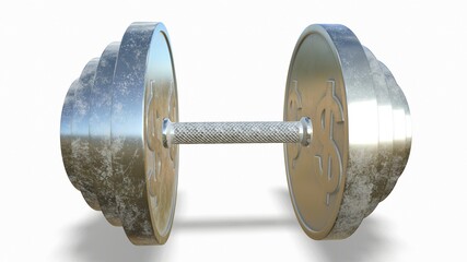 Silver dumbbell with a dollar sign on a white background 3d-rendering