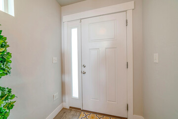 Interior of a white front door of a house with side glass panel