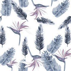 Fototapeta na wymiar White Pattern Plant. Gray Tropical Leaves. Blue Floral Nature. Indigo Flora Art. Cobalt Decoration Illustration. Navy Wallpaper Illustration. Azure Spring Hibiscus.