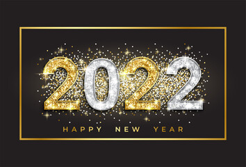 Happy New Year Banner with Gold and Silver 2022 Numbers on dark Background. Vector illustration