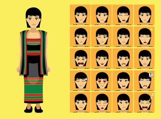 Manga Style Myanmar Zanniat Chin Woman Clothes Cartoon Character Emotion