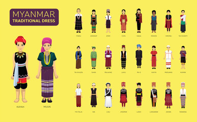 Manga Style Myanmar Traditional Dress Woman Clothes Cartoon Character Set