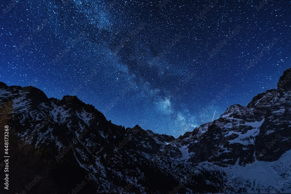 Wall mural bright starry sky with the milky way on the background of high tatras mountains