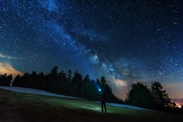 Bright starry sky with the milky way on the background of High Tatras mountains 