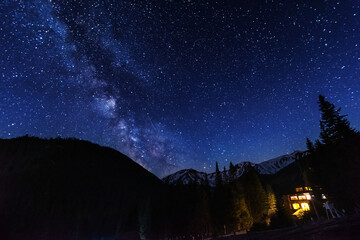 Bright starry sky with the milky way on the background of High Tatras mountains 