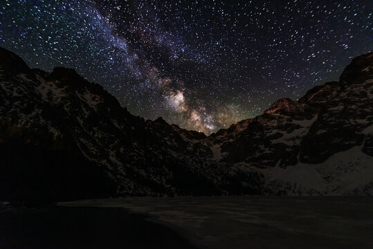 Bright starry sky with the milky way on the background of High Tatras mountains 