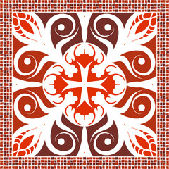  scarf pattern design on red. Geometric ornament with frame, border. Bandanna, shawl, scarf, tablecloth design for textile fabric print 