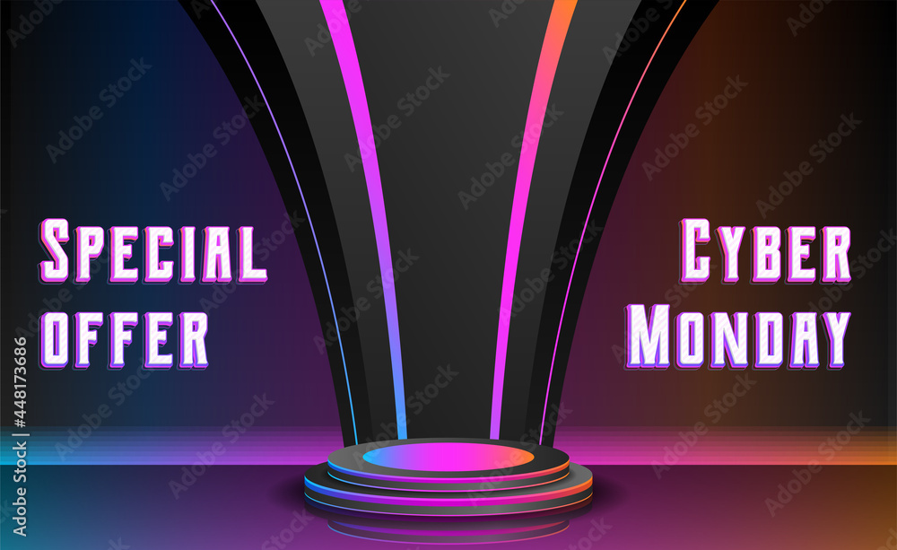 Poster mockup of blank template layout of stage illuminated by cyberpunk spotlights. 3d render illustration