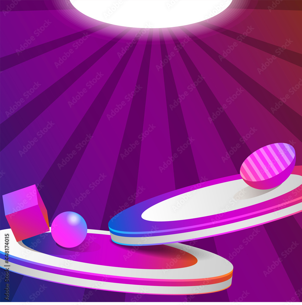Poster mockup of blank template layout of stage illuminated by cyberpunk spotlights. 3d render illustration
