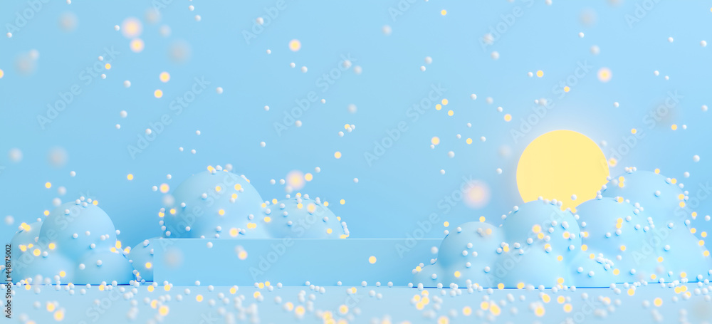 Poster minimal beverage background for beverage presentation. blue podium and cloud with snow falling. café